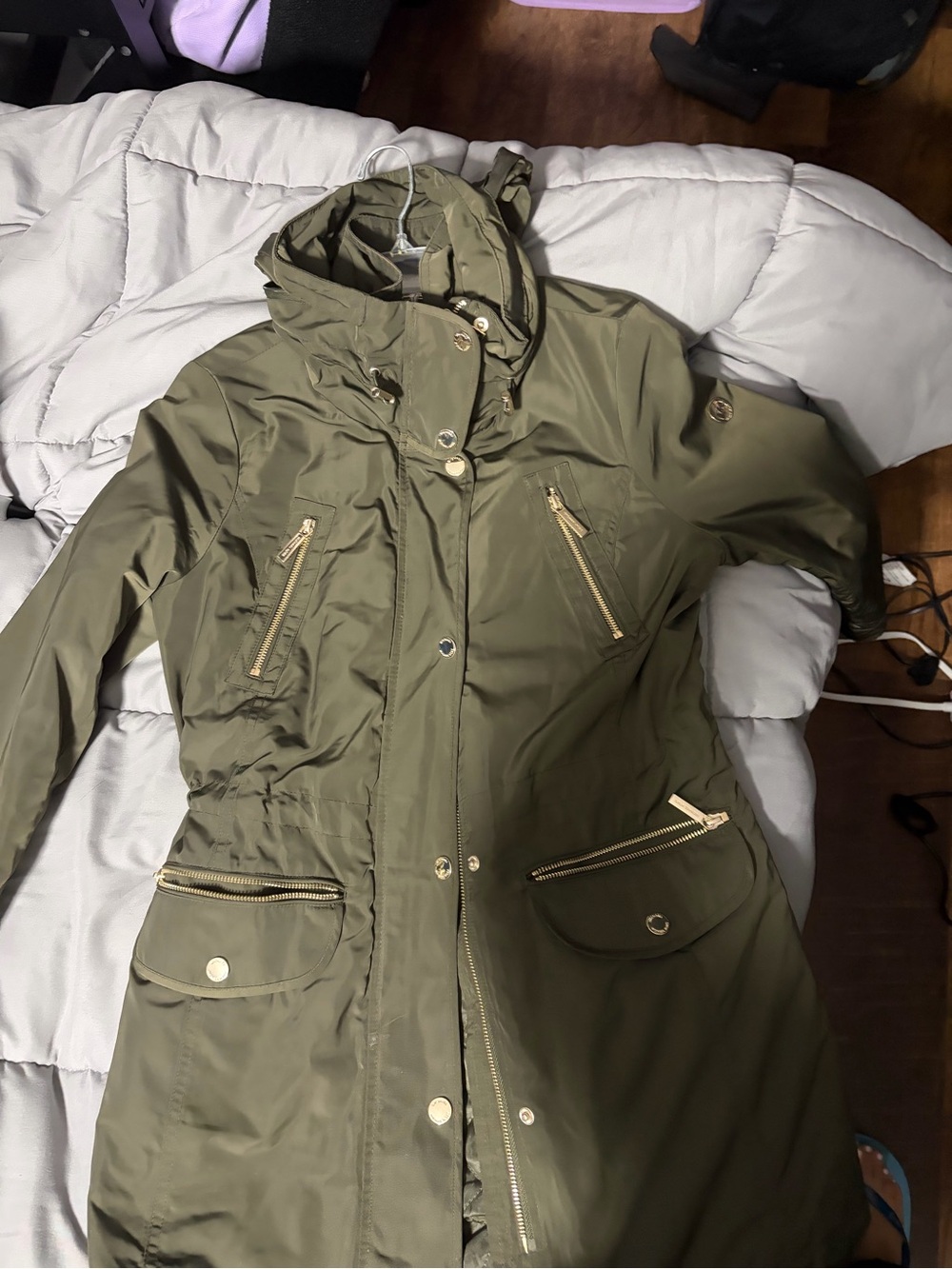 Michael Kors Olive Green Hooded Trench Coat with Gold Hardware